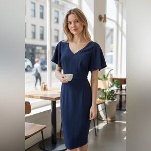 Adrianna‎ Papell Navy Blue Midi Dress M Medium Jet Stretch Cold Shoulder NWT